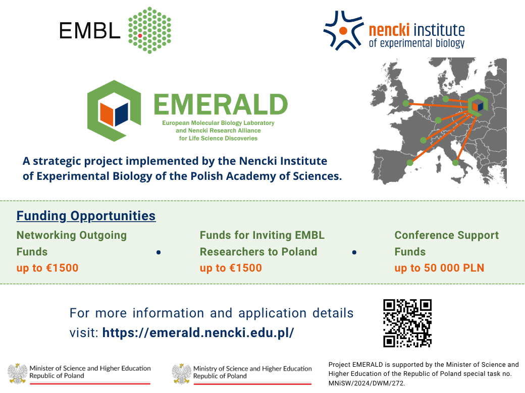 Promotional graphic for EMERALD Funding Opportunities featuring three funding schemes: Networking Outgoing Funds, Funds for Inviting EMBL Researchers to Poland, and EMERALD Conference Support Funds. The graphic includes a QR code linking to the EMERALD funding webpage and sponsor logos including EMERALD, EMBL, and Nencki Institute